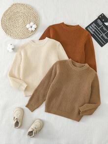 SHEIN Kids Young Boy Casual Minimalist Loose Round Neck Long Sleeve Autumn Sweater 3pcs Pieces Set Suitable For Summer - Multicolor - View 1