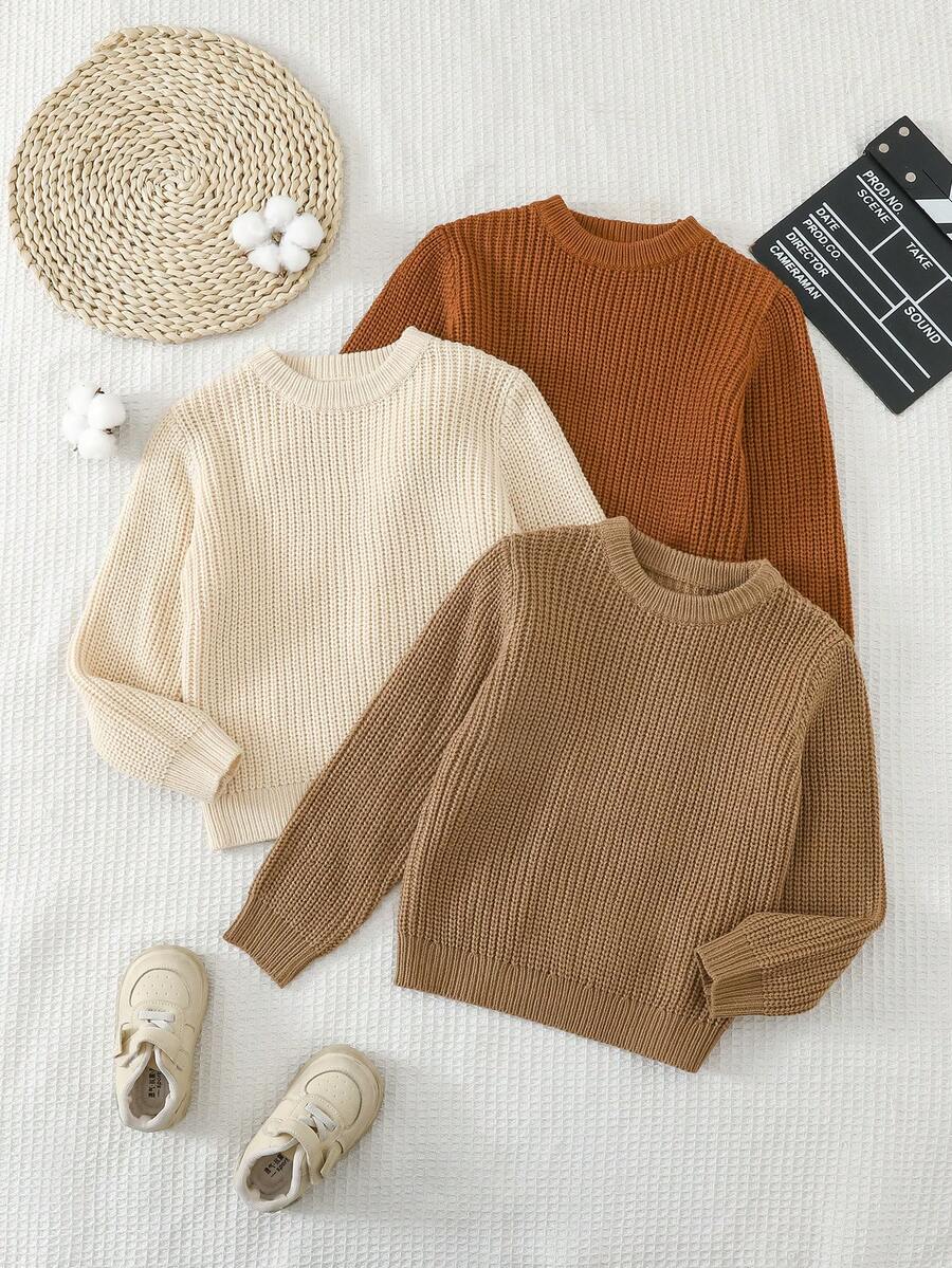 SHEIN Kids Young Boy Casual Minimalist Loose Round Neck Long Sleeve Autumn Sweater 3pcs Pieces Set Suitable For Summer - Multicolor - View 1