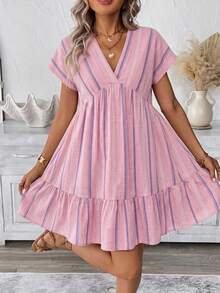 SHEIN LUNE Pink And White Striped Print V-Neck Women's Short Dress Beach Vacation Summer Boho Jamican Sexy - Multicolor - View 4