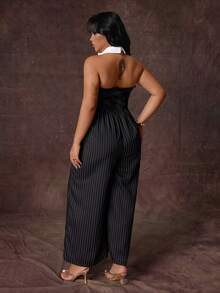 Rustia Plus Size Women's Casual Elegant Striped Jumpsuit - Black and White - View 2