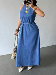 SHEIN EZwear 大尺碼秋季休閒正裝休閒無袖長版牛仔洋裝，適合度假約會，海軍藍 - 藍色 - 查看 1