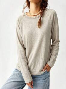Bohemela Vacation Solid Color Knit Round Neck Raglan Sleeve Long Loose Fit Women T-Shirt Everyday Grey Autumn Casual - Beige - View 4