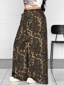 Jeanoix Y2K Casual Decent Plus Size Women's Leopard Print Washed Wide Leg Denim Jeans Formal Date Night Lime Green Summer - Multicolor - View 3
