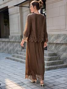 Mulvari 女款法式白色蕾絲刺繡拼接上衣與裙子兩件套 - 棕色 - 查看 2