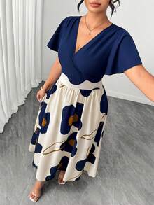 Elenzga Plus Size Women's Spring/Summer Abstract Floral Print & Solid Color V-Neck Short Flutter Sleeve Top & Long Dress Set, Fashion Casual Elegant - Blue - View 3