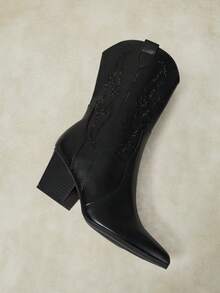 Styleloop 女款尖頭高跟側拉鍊秋冬靴 PU 西部靴 短靴 鑲鑽女靴 - 黑色pu - 查看 6