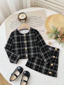 SHEIN Firerie Kids 少女都市時尚長袖夾克與緊身裙套裝 - 黑色 - 查看 4