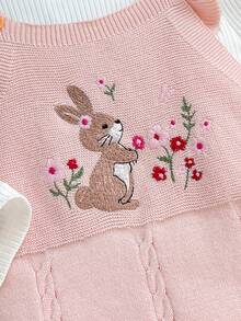 Cozy Pixies 嬰兒女寶寶新生兒針織連身衣長褲，刺繡兔子花卉圖案 - 白色 - 查看 5