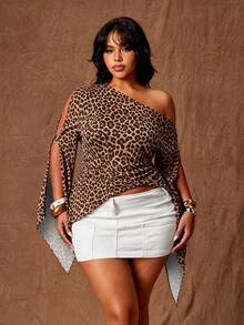 Rustia Plus Size Women Leopard Print Sexy One Shoulder Hollow Out Flare Sleeve Top - Brown - View 5
