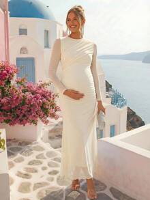 Loomaby Elegant Maternity Solid Color Party Photoshoot Dress, Gender Reveal Dress, Baby Shower Dress, Wedding, Birthday Autumn Allover White - Yellow - View 3