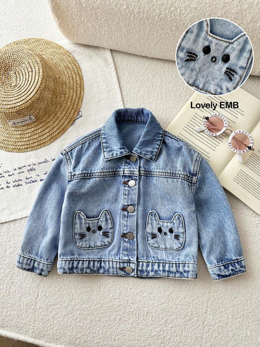 SHEIN 女嬰可愛貓咪造型刺繡口袋藍色牛仔寬鬆長袖夾克