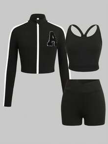 SHEIN 青少年女孩秋冬休閒運動瑜珈三件套，拼色織帶字母刺繡貼布拉鍊外套、背心與交叉腰騎行褲，黑色 - 黑色 - 查看 4