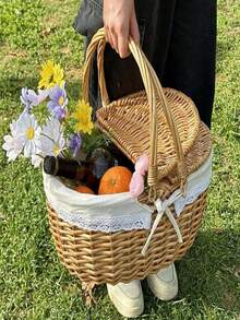 1pc Handwoven Wicker Picnic Basket With Handle Double Lid Food Fruit Storage For Camping Shopping Home Decor Wedding Rustic Natural Storage Basket - Multicolor - View 2