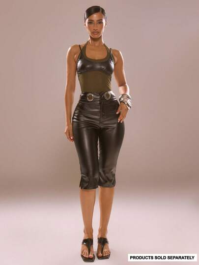 MUSERA Black Leather Pu Metal Eyelet Detail Capri Winter Party Fun Festival Black Trouser Capri Women Clothing