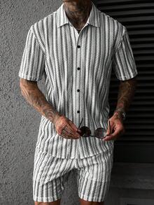 SLATEMANN 男士夏季薄款卡其色雙色針織提花紋理休閒度假修身短袖襯衫與彈性腰短褲套裝 - 黑與白 - 查看 5