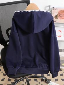SHEIN Tween女孩秋季深藍色刺繡小馬圖案運動衫，百搭休閒運動街頭風 - 藏蓝色 - 查看 2