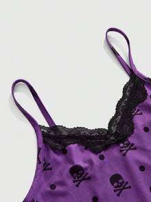 ROMWE Y2K Retro Musical Note & Staff Piano Keyboard Print Fitted Baby Tee With Lace Trim Tank Top 3 Pieces Set - Purple - View 7