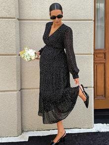 MaterniWear Maternity Polka Dot Print Lantern Sleeve Dress Fall - Black - View 10