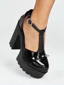 Sugerpunk Women's Fashion And Sexy Platform High-Heeled Shoes, Punk Style, Gothic Street Style, Rivet Buckle Solid Color Round Toe Design, Nightclub Party - Coal black - View 9