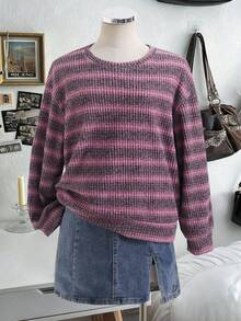 SHEIN 1件女童寬鬆條紋長袖上衣，初秋學生休閒穿搭，親膚華夫格針織圓領打底T恤 - 彩色 - 查看 4