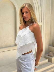 Aloruh Spring/Summer New Elegant Romantic Date Holiday Brunch Valentine's Day Wedding Season White Chiffon One-Shoulder Backless Multi-Layer Ruffle Blouse - White - View 7