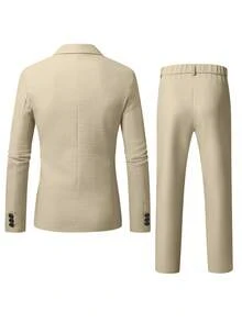 Manfinity Mode Conjunto de traje formal para hombre con blazer de cuello de solapa & pantalones, formal de primavera/verano, ceremonia - Caqui - Ver 2