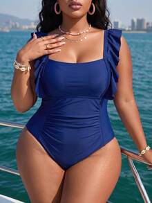 Swim Lushoire Plus Size Women's Solid Color Ruffle Pleated One-Piece Swimsuit For Vacation - Navy Blue - View 1