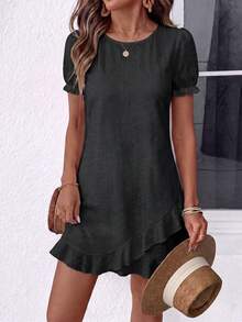 EMERY ROSE Summer New French Style Embroidered Eyelet Black Dress For Women, Puff Sleeve Round Neck Loose Fit Ruffle Asymmetrical Hem A-Line Babydoll Dress - Black - View 4