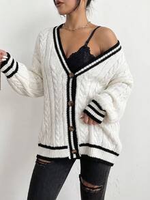 SHEIN Franclia 休閒拼色滾邊粗針編織開襟羊毛衫 - 黑與白 - 查看 5