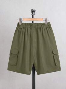 SHEIN Teen Boy Solid Color Casual Versatile Daily Wear Cargo Shorts - Army Green - View 6