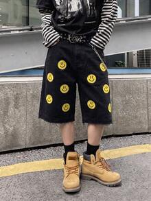 NEOSTRIT 男士休閒日常牛仔短褲，附口袋、鈕扣與笑臉圖案 - 黑色 - 查看 3
