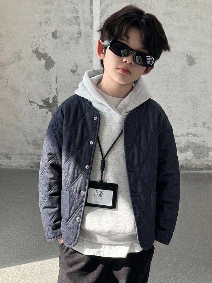 DAZY 圓領絎縫設計長袖休閒加厚秋冬男童(大號)棉墊外套 - 藏蓝色 - 查看 1
