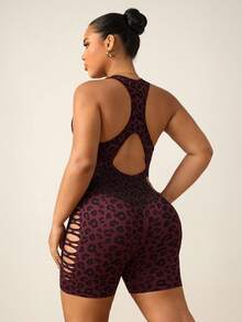 Slayform Rompi Olahraga Tanpa Lengan dengan Potongan Belakang Motif Leopard untuk Wanita Ukuran Plus - Hot Pink - View 2