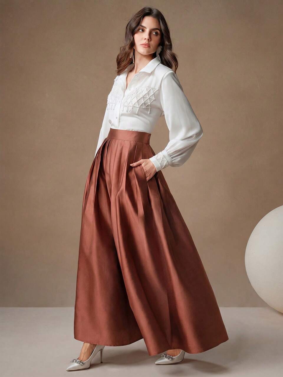 Anewsta High Waist Elegant Sexy Puff Skirt, Court Style Maxi Women Wedding Dinner Brunch Rust Brown Autumn