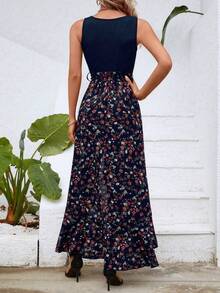 INAWLY Ditsy Floral Print Ruffle Trim Asymmetrical Hem Belted Dress - Multicolor - View 2