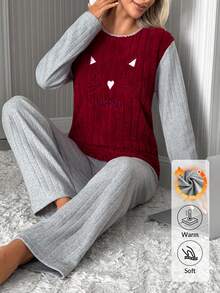 SHEIN Women's Fuzzy Cat Embroidery Long Sleeve Ribbed Pajama Set - Burgundy - View 6