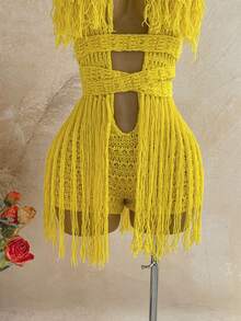 Soleia Women's Plus Size Tassel Knit Jumpsuit For Vacation - Yellow - View 6