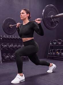 Easithlete Easithlete 女款純色長袖上衣與高腰緊身褲休閒日常運動套裝 - 黑色 - 查看 2