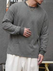 DAZY 男士夏季條紋多色長袖休閒T恤 - 深灰色 - 查看 4