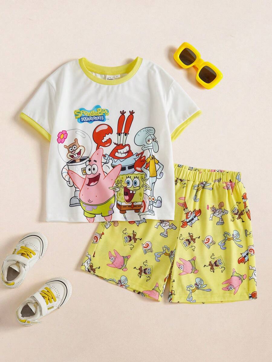 SpongeBob SquarePants | SHEIN Young Boy Cartoon Print Short Sleeve T-Shirt And Shorts Set - Yellow - View 1