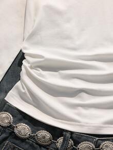 Teen Girl Fall Casual Polo Collar Letter Print Knit Slim Fit Autumn T-Shirt, Holiday, Comfortable - White - View 6