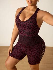 Slayform Rompi Olahraga Tanpa Lengan dengan Potongan Belakang Motif Leopard untuk Wanita Ukuran Plus - Hot Pink - View 7