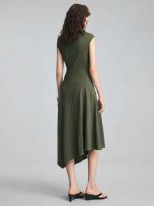 Ontre Women's Army Green Comfortable Elastic Fabric Slim Fit Asymmetric Slanted Neckline Cap Sleeve X-Shaped Dress With Patchwork Asymmetrical Large Hem Design, Modern Urban Fashion Business Casual Office Wear, Low-Key Old Money Style Elegant High-End Commuter High-Quality Airport Outfit, Autumn Essential Premium Comfortable Old Money Style Mid-Length Dress - Army Green - View 6