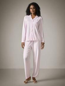 DreamPoppy 2pcs Women Lapel Button Down Long Sleeve Top + Elastic Waist Pants Pajama Set - Pink - View 4