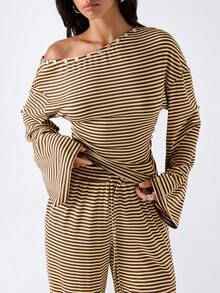 LYSMO Women's Striped Asymmetrical Shoulder Long Sleeve Top And Pants Casual Daily 2 Pieces Set - Light Yellow - View 5