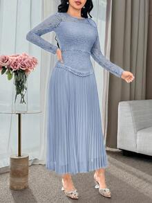 Feyla Women's Light Blue Crew Neck Lace And Pleated Midi Dress With Bow Detail Elegant Party Dress - Blue - View 3