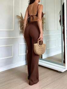 INAWLY Solva Plus Size Summer Sexy Solid Color Backless Halter Neck Super Short Top And Long Pants 2 Pieces Set Vacation Night Brown - Coffee Brown - View 2