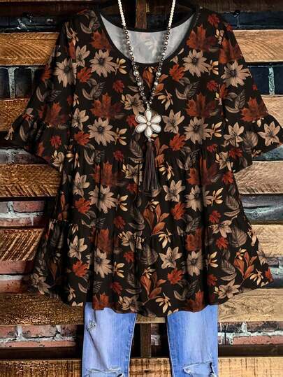 EMERY ROSE Plus Size Women's Vintage Autumn Leaf Print Tiered Tunic Top,Casual Round Neck Ruffle Half Sleeve Blouse,Loose Fit Peplum BLouse