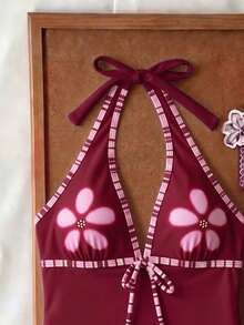 Elavelle Women's Spring/Summer Random Print Spaghetti Strap Bow Bikini Top - Multicolor - View 6