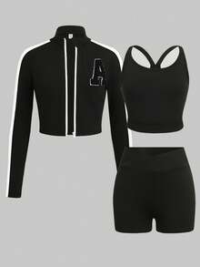 SHEIN 青少年女孩秋冬休閒運動瑜珈三件套，拼色織帶字母刺繡貼布拉鍊外套、背心與交叉腰騎行褲，黑色 - 黑色 - 查看 6